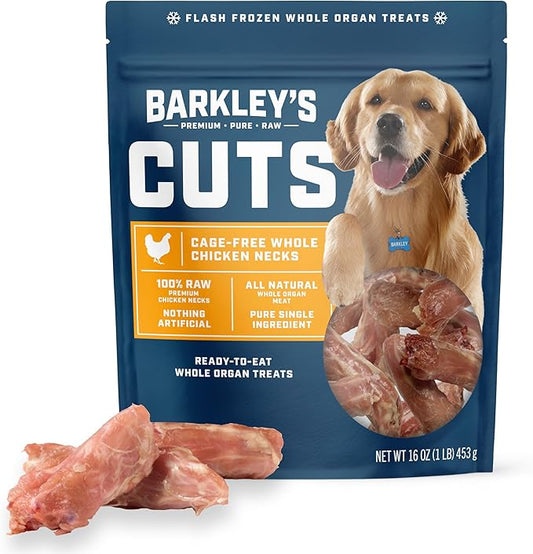 Barkley’s Cuts, Frozen Raw Whole Chicken Necks Dog Treats, Single Ingredient, Flash Frozen, High Protein Training Treats and Food Toppers for Puppies and Dogs, Human Grade Ingredients, 16 Oz Bag