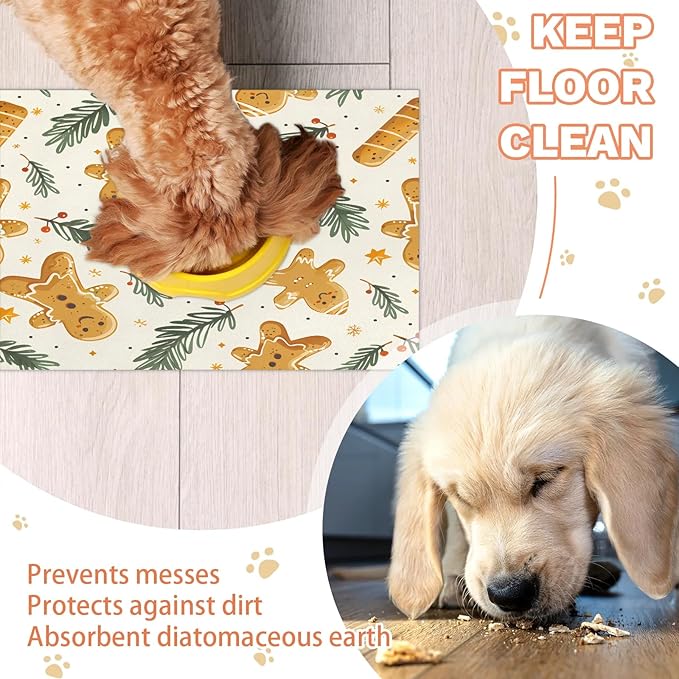 Christmas Cookies Dog Food Mat for Floors Absorbent, Quick Dry Water Dispenser Mat for Food, Water, Pet Supplies 24" x 32", Xmas Tree