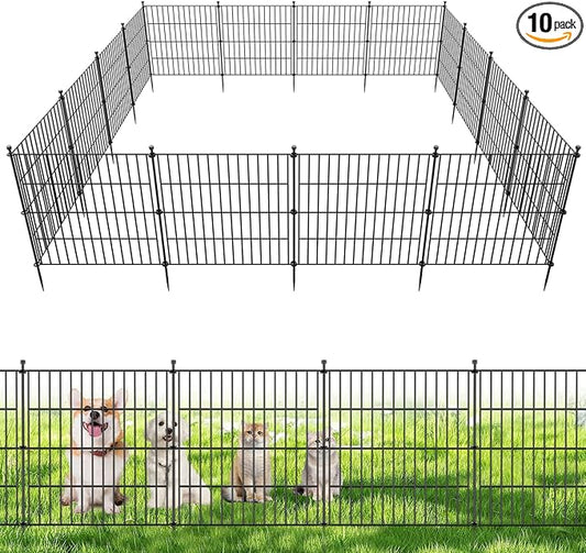 10 Panels No Dig Decorative Outdoor Garden Fence for Yard, 24 in(H) X 20 ft(L) Animal Barrier Fencing Rustproof Metal Wire Panel Border for Dog, Rabbits, and Patio Temporary Ground Stakes