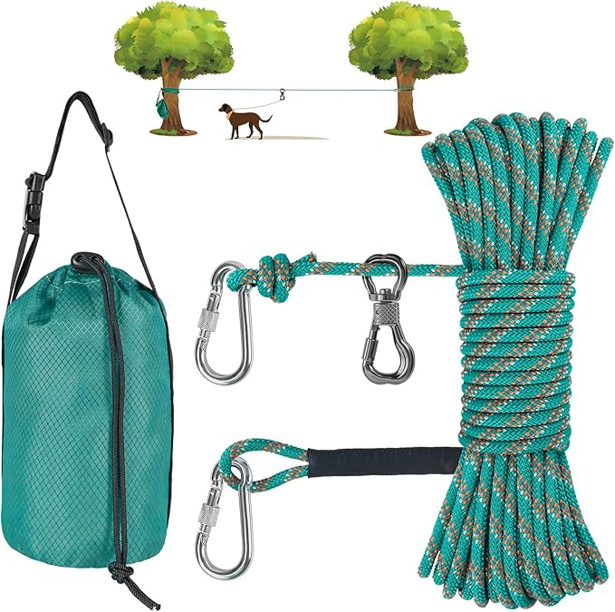 XiaZ Dog Tie Out Cable for Camping, 75ft Portable Overhead Trolley System for Dogs up to 200lbs，Dog Lead for Yard, Camping, Parks, Outdoor Events,5 min Set-up