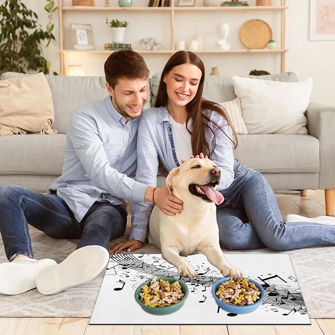 Music Notes Dog Food Mat for Floors Absorbent Dog Bowl Mat for Food and Water Dispenser Quick Dry Cat Food Placemat Pet Supplies 24" x 32", Black White