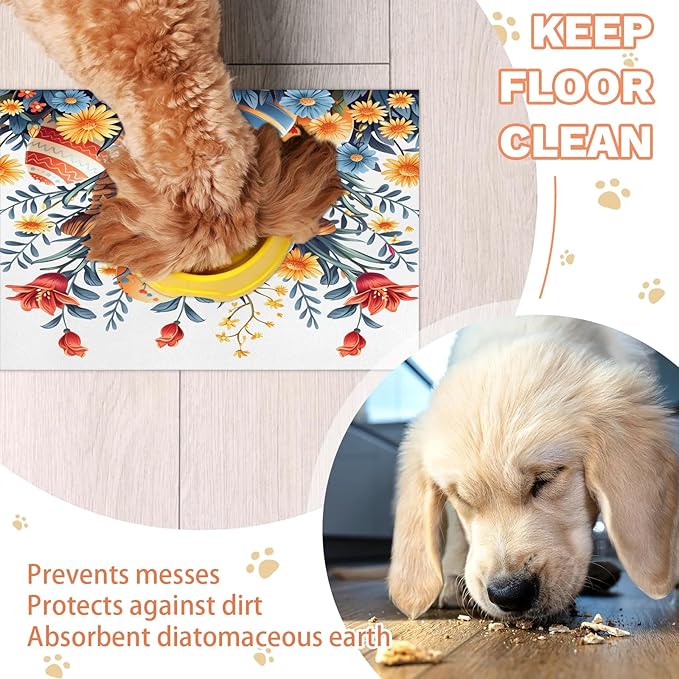 Easter Eggs Dog Food Mat for Floors Absorbent Dog Bowl Mat for Food and Water Dispenser Quick Dry Cat Food Placemat Pet Supplies 17" x 30", Watercolor Floral