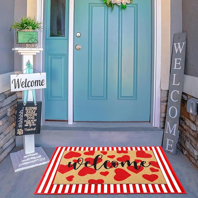 Tinideya 2 Pcs Valentines Welcome Door Mat Heart Outdoor Welcome Mats for Front Door Non Slip Heart Coir Floor Mat Red White Stripe Valentines Rug for Outside Front Porch Entryway Decor