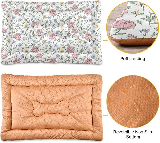 Dog Bed for Crate Washable Pet Sleep Pad, Floral Print Kennel Mat with Non-Slip Bottom, Soft Fluffy Supplies Pet for Dogs and Cats (36x24 inch)