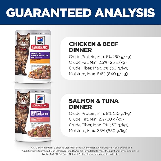 Hill's Science Diet Sensitive Stomach & Skin, Adult 1-6, Stomach & Skin Sensitivity Support, Wet Cat Food, Variety Pack: Chicken & Beef; Salmon & Tuna Stew, 2.8 oz Pouch Variety Pack, Case of 12