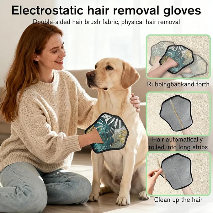 Palm Leaves Pattern Electrostatic Pet Hair Removal Glove for Cats & Dogs - Reusable Grooming Mitt for Couch, Carpet, Car Seat & Laundry - Large 9x9 Inch