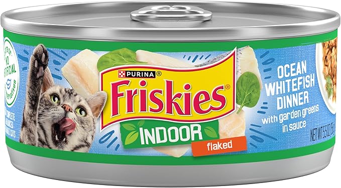 Purina Friskies Indoor Cat Food Flaked Ocean Whitefish Dinner With Garden Greens in Sauce - (Pack of 24) 5.5 oz. Cans