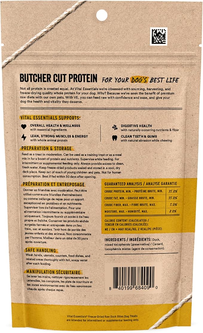 Vital Essentials Freeze Dried Dog Treats | Duck Bites, Single Ingredient | Premium Quality | Grain Free Training Treats for Dogs, 2 oz Bag