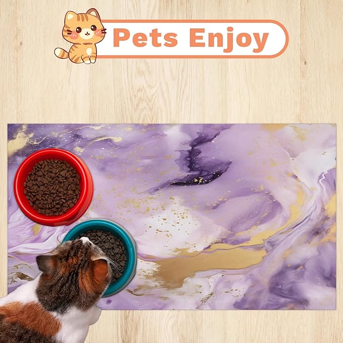 Purple Marble Dog Food Mat for Floors Absorbent, Quick Dry Water Dispenser Mat for Food, Water, Pet Supplies 24" x 32", Abstract