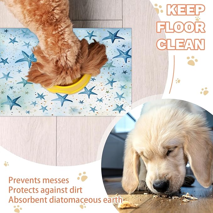 Ocean Starfish Dog Food Mat for Floors Absorbent Dog Bowl Mat for Food and Water Dispenser Quick Dry Cat Food Placemat Pet Supplies 17" x 30", Nautical Coastal
