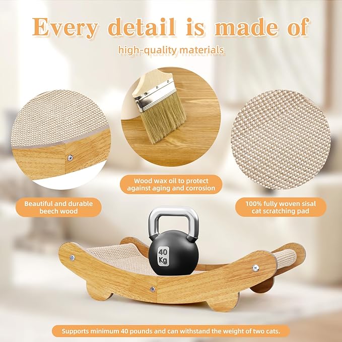 Sisal Cat Scratcher Bed Shaped U, for Indoor Cats, Hammock for Scratching Pad, Large Cat Lounge, Wooden Furniture Protector