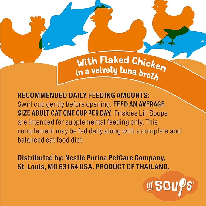 Friskies Purina Natural,Grain Free Wet Cat Food Lickable Cat Treats,Lil' Soups Flaked Chicken - 1.2 oz. Tubs,(Pack of 16)