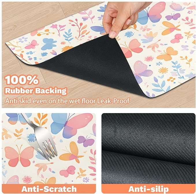 Wildflower Butterfly Dog Food Mat for Floors Absorbent, Quick Dry Water Dispenser Mat for Food, Water, Pet Supplies 16" x 24", Leaf Plant