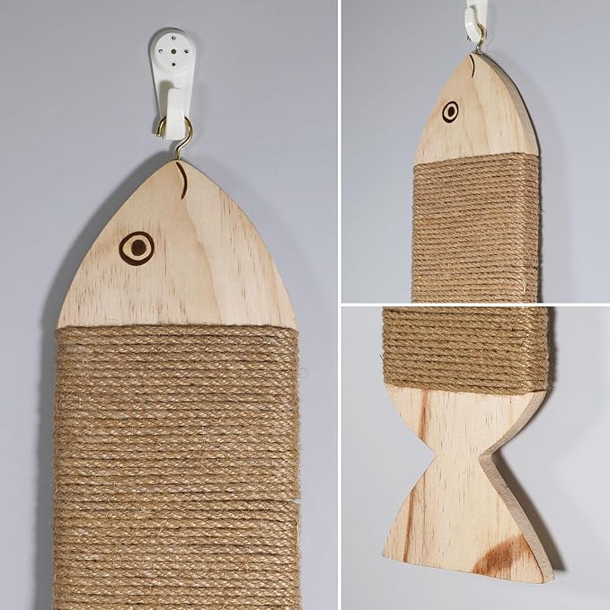 Wall-Mounted Cat Scratcher, Natural Jute Rope, Wooden Fish Shape, 16.54x4.72 Inch, Interactive Swaying Design, Indoor Cat Scratching Post