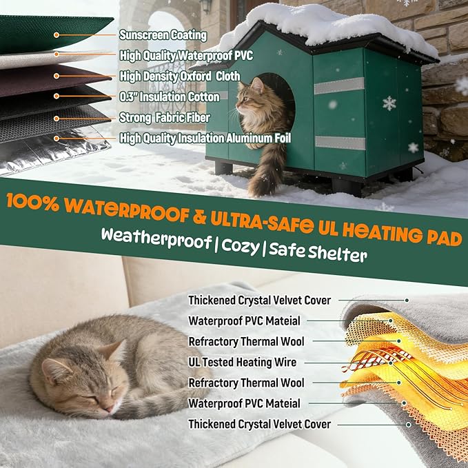 Heated Cat Shelter for Outside, Large Outdoor Cat House with Roof Window & Cozy Cushion Winter Insulated Weatherproof for Multiple Feral Kitties Small Pets Garage Yard Porch