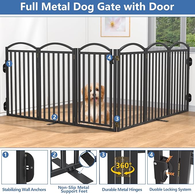Malier Metal Freestanding Dog Gates with Door, 36'' Height Outdoor Indoor Dog Fences, Extra Wide Foldable Puppy Gate for Stairs (Black, 【6 Panels with Door】 120''W × 36''H)