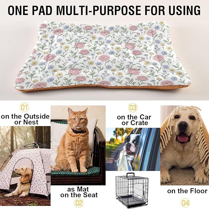 Dog Bed for Crate Washable Pet Sleep Pad, Floral Print Kennel Mat with Non-Slip Bottom, Soft Fluffy Supplies Pet for Dogs and Cats (24x18 inch)
