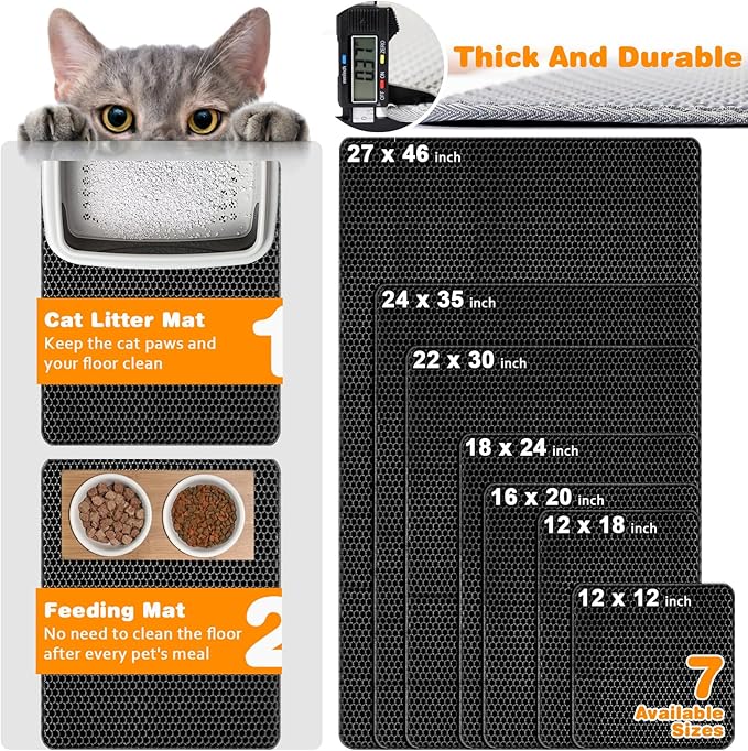 Waterproof Cat Litter Mat, Double Layer EVA, Odor-Free Large Grid, Urine Proof, Easy Cleanup (Black, 16 x 20)