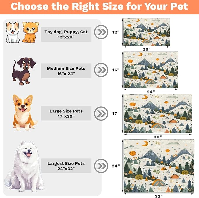 Boho Camping Dog Food Mat for Floors Absorbent, Quick Dry Water Dispenser Mat for Food, Water, Pet Supplies 17" x 30", Mountain Forest