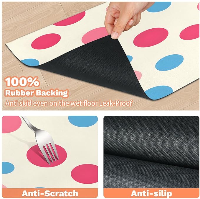 Polka Dot Dog Food Mat for Floors Absorbent Dog Bowl Mat for Food and Water Dispenser Quick Dry Cat Food Placemat Pet Supplies 17" x 30", Pink Blue