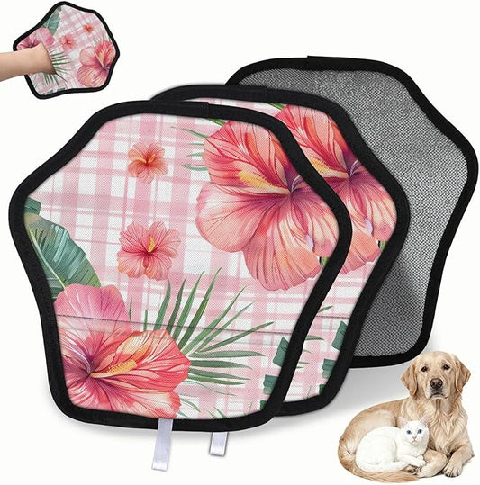 Reusable Pet Hair Removal Glove Tropical Flower Palm Leaves Magic Brush for Cat & Dog Hair Remover for Car, Sofa, Bedding, Clothes - 9x9 Mitt Washable