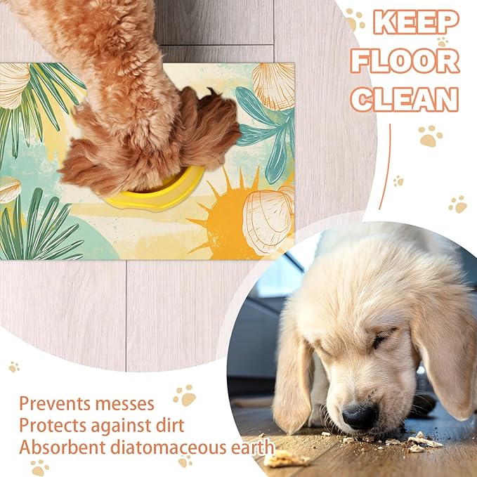 Tropical Coast Dog Food Mat for Floors Absorbent Dog Bowl Mat for Food and Water Dispenser Quick Dry Cat Food Placemat Pet Supplies 24" x 32", Boho Sun