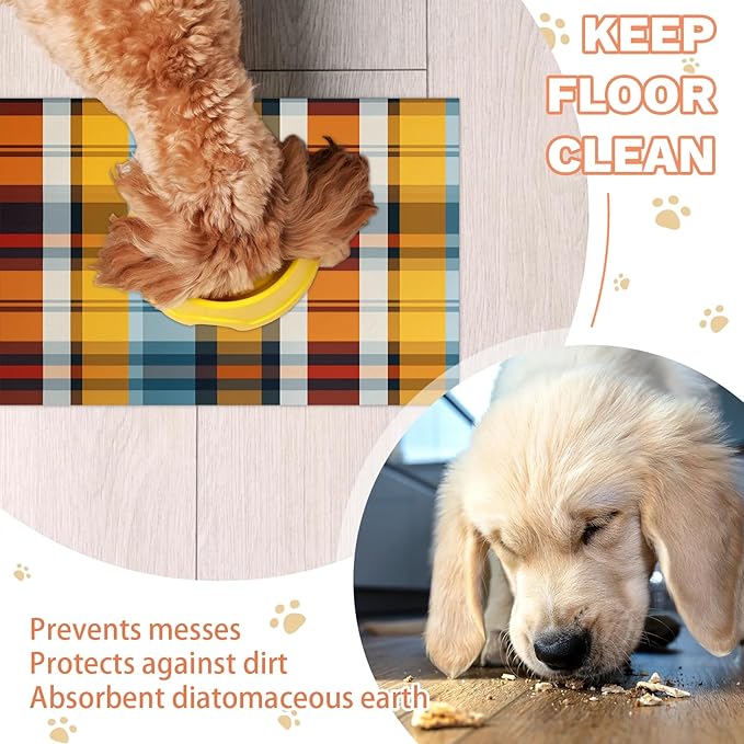 Buffalo Plaid Dog Food Mat for Floors Absorbent, Quick Dry Water Dispenser Mat for Food, Water, Pet Supplies 12" x 20", Colorful Plaid