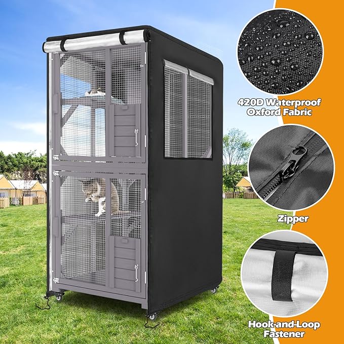 Catio Cover,31.5"L x 35.5"W x 64.5"H Cover for Catio Outdoor Cat Enclosure Waterproof, 420D Cat Cage Covers for VEVOR 3-Tier Catios, Outdoor Cats Enclosure Covers(Black)(Catios Not Included)