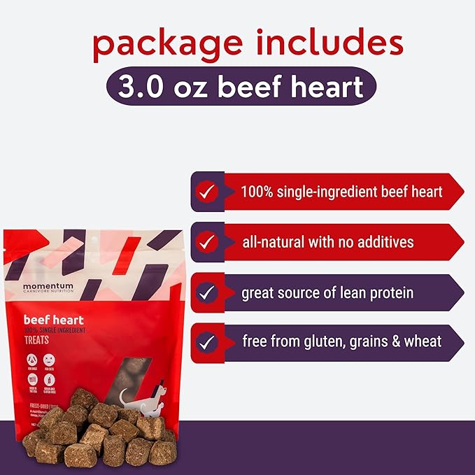 Momentum Carnivore Nutrition Freeze-Dried Beef Heart Dog Treats & Cat Treats – Single-Ingredient, High-Protein, Grain-Free – Made in USA – 3 oz Bag