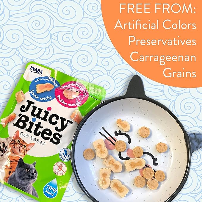 INABA Juicy Bites Grain-Free, Soft, Moist, Chewy Cat Treats with Vitamin E and Green Tea Extract, 0.4 Ounces per Pouch, 9 Pouches Total (3 per Bag), Fish and Clam Flavor