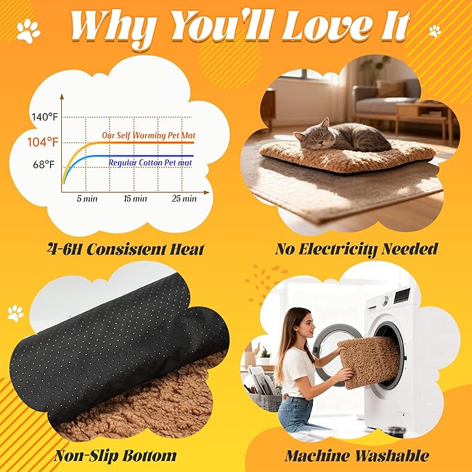 PatiencET Self Warming Cat Bed for Indoor Cats 14'' x 20'' - Cozy Fleece Heating Pad, Non-Electric Thermal Mat for Small Pets, Washable Soft Cushion for Winter Comfort and Warmth Khaki