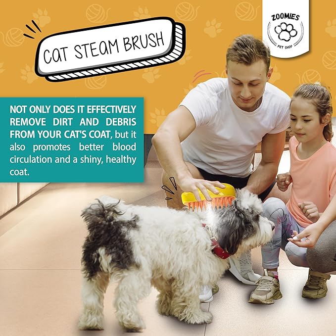 ZOOMIES-Cat Steam Brush-Ultimate 3-in-1 Pet Care Solution: Steamy Cat & Dog Grooming Brush - Say Goodbye to Shedding and Tangled Hair with our Steam-Powered Steamer Brush, Yellow