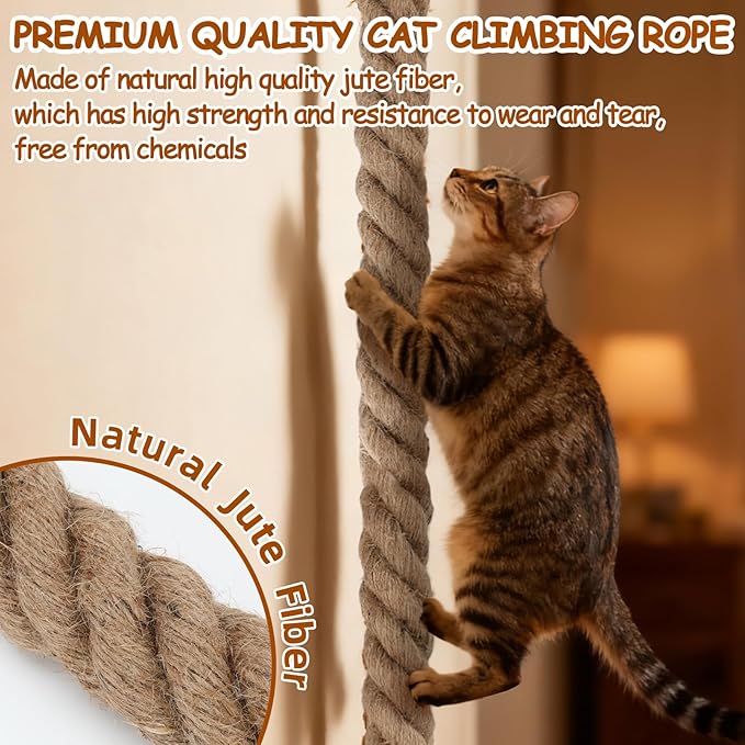 2" x 4.92Ft Cat Climbing Rope with Hook, Natural Cat Climbing Jute Rope for Wall Mounted, Durable Sisal Ropes for Indoor and Outdoor Cats Scratching Playing