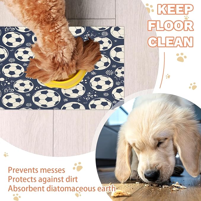 Football Dog Food Mat for Floors Absorbent, Quick Dry Water Dispenser Mat for Food, Water, Pet Supplies 17" x 30", Soccer