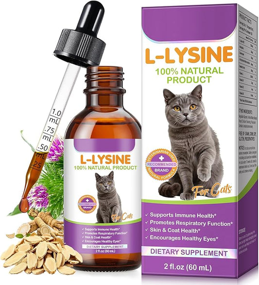 L-Lysine Drops for Cats 60ml - Natural Support for Eye & Respiratory Health | Chicken Flavor | Grain-Free & Gluten-Free | with Herbal Extracts & Vitamins | for Tear Stains & Sneezing