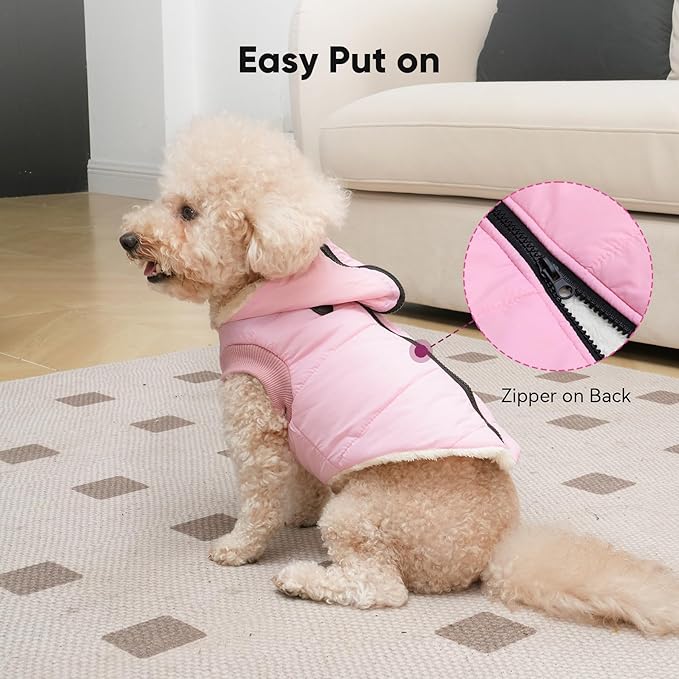 Fleece Lining Dog Hoodie with Harness Built in,Extra Warm Medium Dog Jacket in Winter Doggie Coats with Hooded,Light Pink L