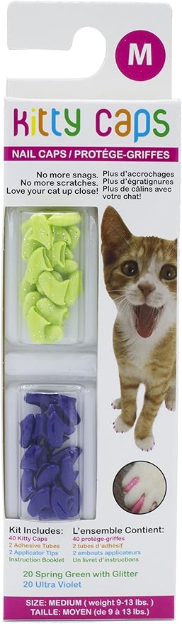 Kitty Caps Nail Caps for Cats Safe, Stylish & Humane Alternative to Declawing Stops Snags and Scratches, Medium (9-13 lbs), Spring Green with Glitter & Ultra Violet (Pack of 1)