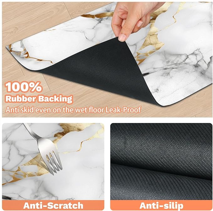 Marble Dog Food Mat for Floors Absorbent, Quick Dry Water Dispenser Mat for Food, Water, Pet Supplies 12" x 20", Grey Gold