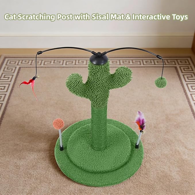YUNIQUE Cactus Cat Scratching Post with Sisal Rope, Small Cat Tree with Dangling Balls & Feather for Kittens (Green, 20.9'')