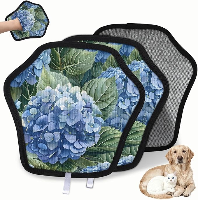 Reusable Pet Hair Removal Glove Hydrangeas Magic Brush for Cat & Dog Hair Remover for Car, Sofa, Bedding, Clothes - 9x9 Mitt Washable