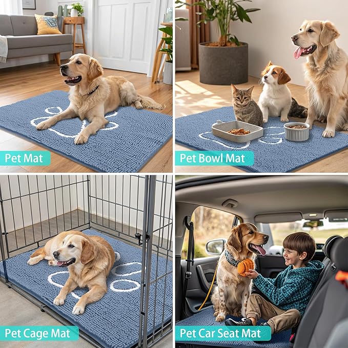 Smiry Dog Door Mat for Muddy Paws, Absorbent Dirt Trapper Non Slip Quick Dry Washable Chenille Mat for Mud Dogs, Entry Rug for Indoor and Outdoor (59x35 Inches, Airy Blue and White)
