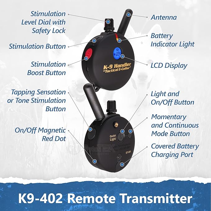 Educator K9-402 Two Dogs K9 Handler Professional E-Collar Training Collar with Remote - Up to 3/4 Mile Range, Waterproof, Rechargeable, 100 Stimulation Levels, Vibration, Tone, 33-Inch Bungee Collar
