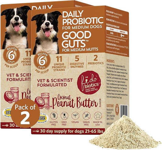 Fidobiotics Good Guts for Medium Mutts Probiotic for Dogs, 6 Billion CFUs, 11 Strains, 5 Digestive Enzymes, 2 Prebiotics, Digestive Gut Health for Dogs, Adult & Puppy Probiotics Supplements, Pack of 2