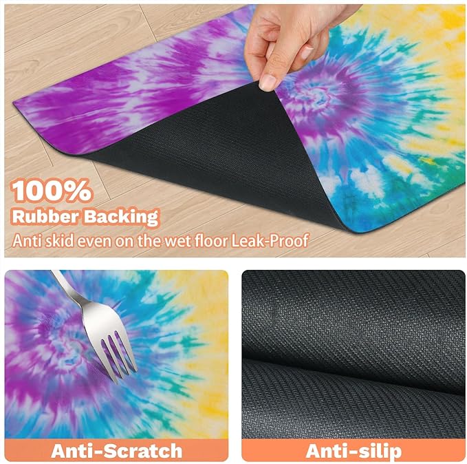Tie Dye Dog Food Mat for Floors Absorbent, Quick Dry Water Dispenser Mat for Food, Water, Pet Supplies 17" x 30", Colorful Geometric