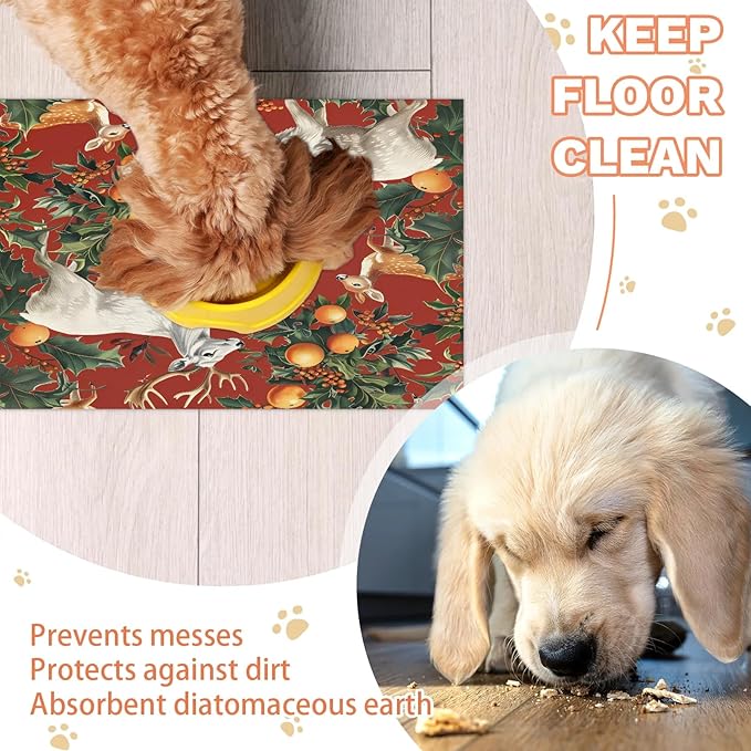 Christmas Deer Dog Food Mat for Floors Absorbent, Quick Dry Water Dispenser Mat for Food, Water, Pet Supplies 24" x 32", Holly Xmas