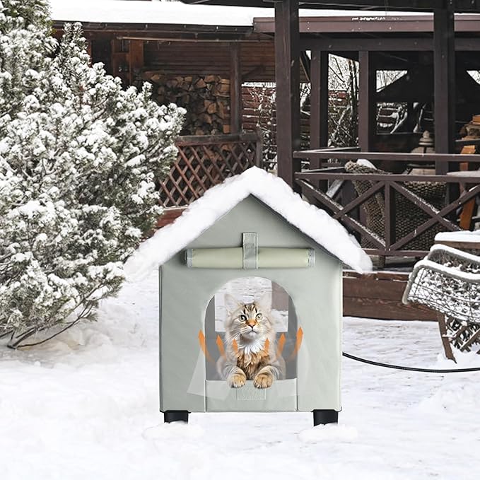 BWOGUE Elevated Heated Cat House for Outdoor Cats in Winter, Waterproof & Insulated Feral Cat Shelter for Outside Cats,Weatherproof Feral Cat House for Outside (Grey, S)