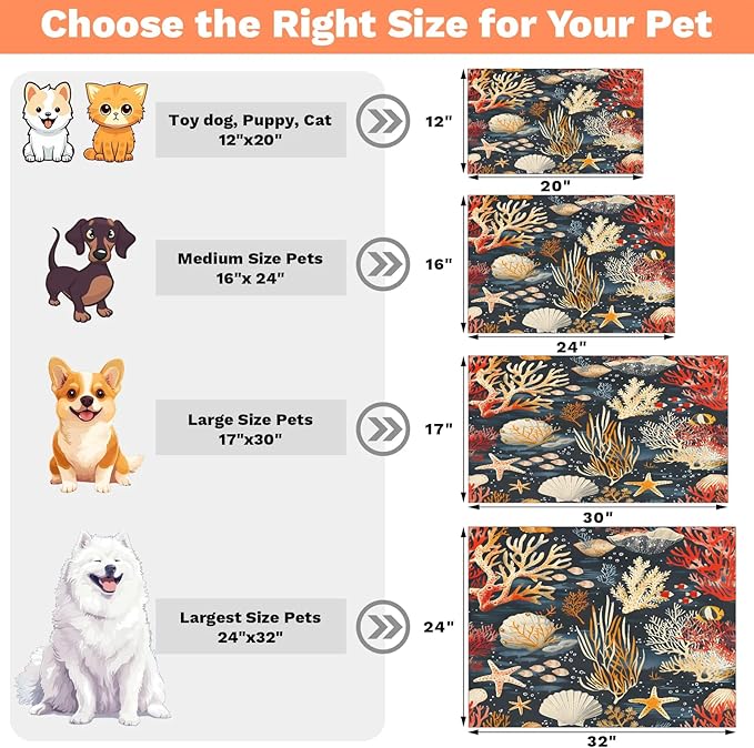 Sea Ocean Dog Food Mat for Floors Absorbent Dog Bowl Mat for Food and Water Dispenser Quick Dry Cat Food Placemat Pet Supplies 12" x 20", Seashell