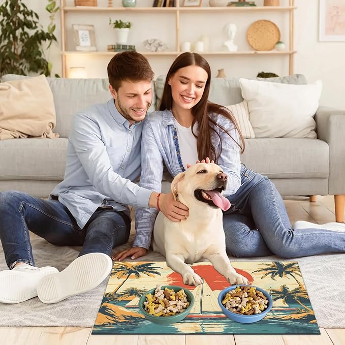 Coastal Ship Dog Food Mat for Floors Absorbent, Quick Dry Water Dispenser Mat for Food, Water, Pet Supplies 16" x 24", Sunset Palm Tree