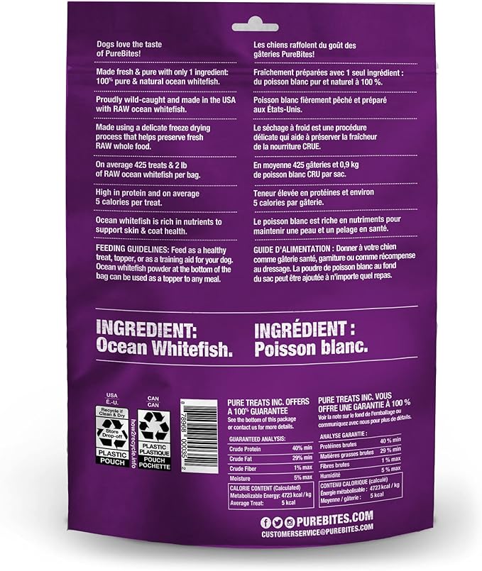 PureBites Whitefish Freeze Dried Dog Treats, 1 Ingredient, Made in USA, 7oz