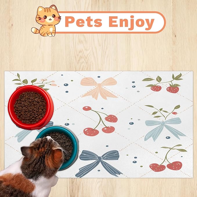 Bow Cherry Dog Food Mat for Floors Absorbent, Quick Dry Water Dispenser Mat for Food, Water, Pet Supplies 16" x 24", White Check